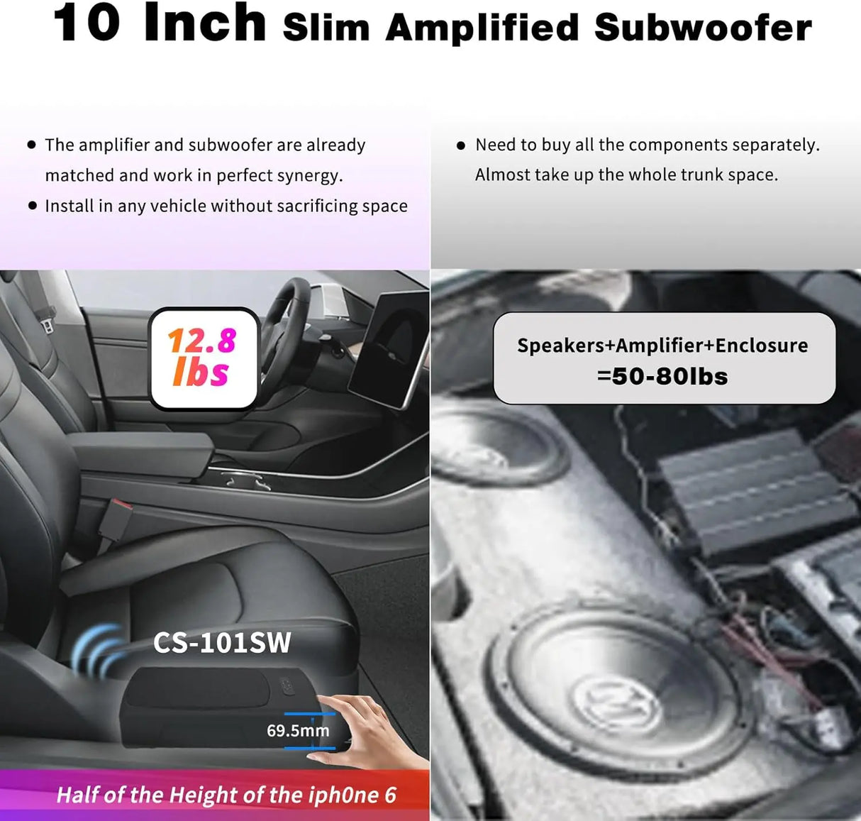 ATOTO 10 inch Under Seat Powered Car Subwoofer with Built-in Amp, Ultra Slim Active Amplified Subwoofer with Variable Bass Boost, 400W Max Power, Remote Sub Control