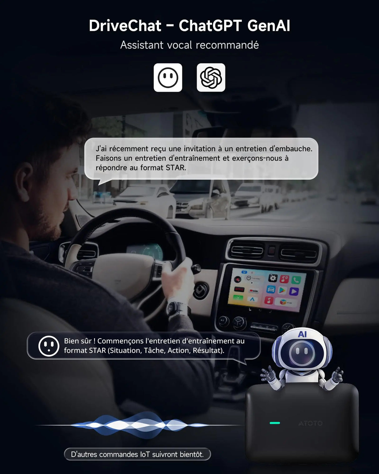 ATOTO CB4B Adaptateur CarPlay sans Fil – Double WiFi, Double Bluetooth, Carte TF 128Go, 4Go+32Go, AI Box Android avec DriveChat, Netflix/YouTube, Noir
