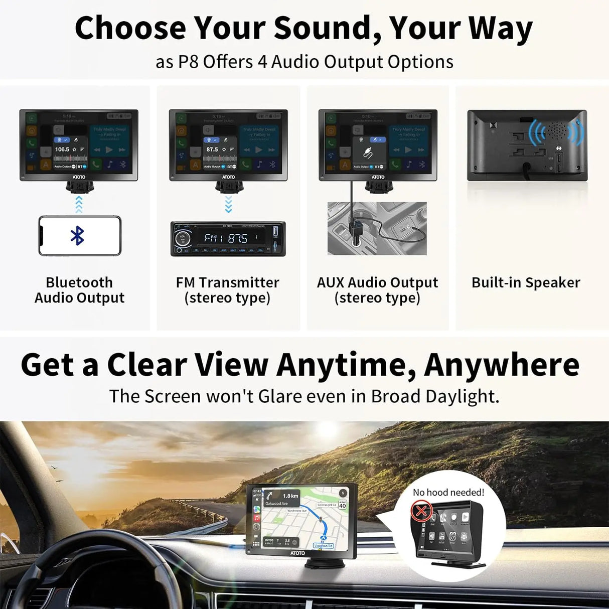 ATOTO P8 Portable Wireless Carplay Android Auto Screen, 7" QLED Glare-Suppressing Car Stereo with GPS Navigation,1080P Dash Cam, WDR & Auto Dimmer, Remote Control, Voice Assistant, P807SD-FC