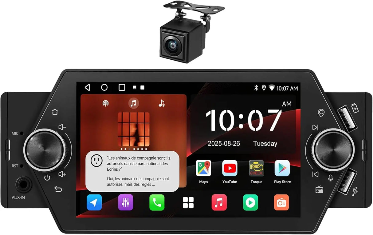 ATOTO A5LG1A5T 5" Touchscreen 1 Din Autoradio Android avec Caméra de Recul, CarPlay & Android Auto Sans Fil, Tethering WiFi/BT/USB, MirrorLink, RDS/FM/GPS, Contrôle Vocal, 2G+32G