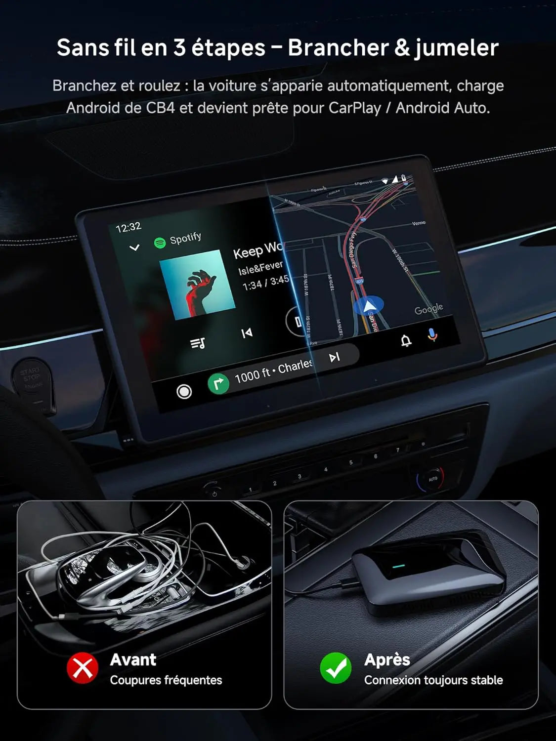 ATOTO CB4B Adaptateur CarPlay sans Fil – Double WiFi, Double Bluetooth, Carte TF 128Go, 4Go+32Go, AI Box Android avec DriveChat, Netflix/YouTube, Noir