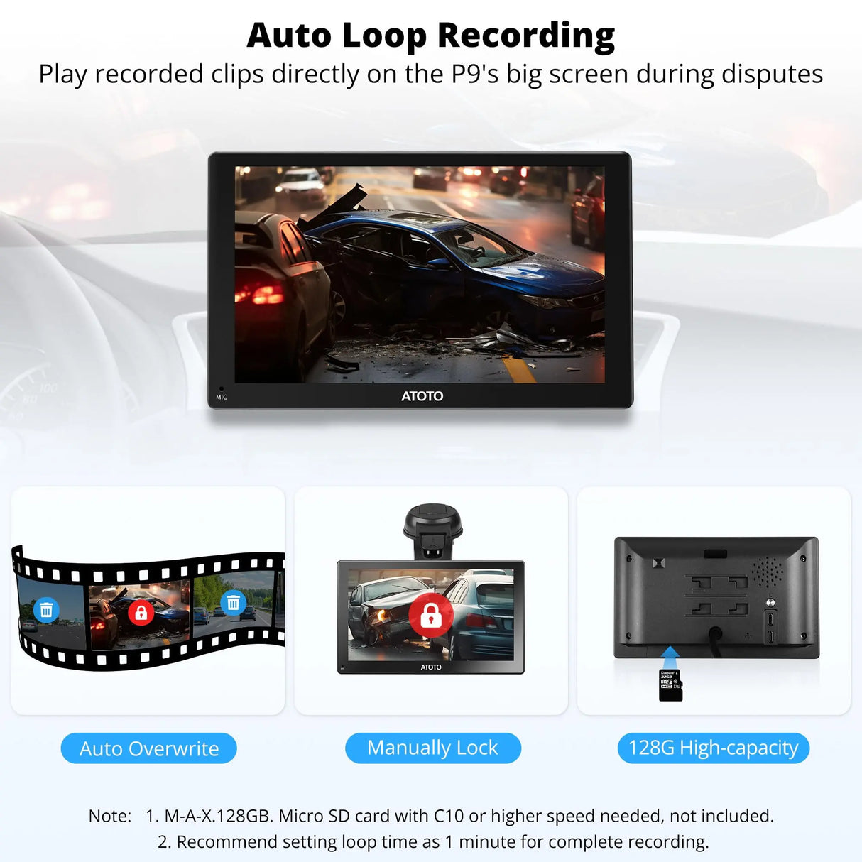 ATOTO AC-FCR02W Dash Cam 1080P Anteriore, Grandangolo 150°, Soppressione Luce Intensa, Supporto fino a 128GB – Compatibile solo con Serie ATOTO P9 Selezionate
