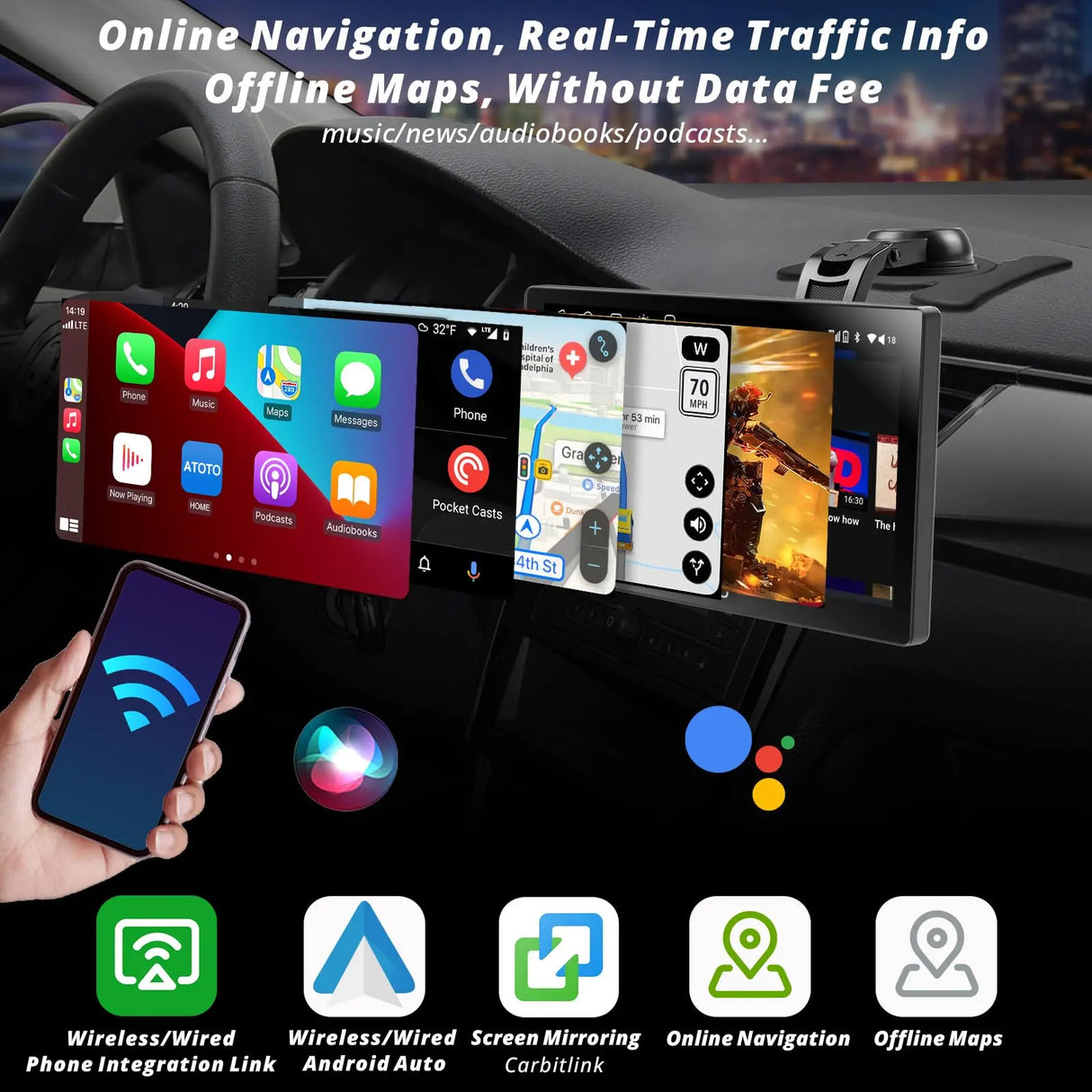 ATOTO GPS per Auto, Autoradio Portatile Android 7" QLED, CarPlay Wireless, Android Auto Wireless, Mirror Link, Doppio Bluetooth, WiFi, USB, Porta HDMI, 2+32GB, Tracciamento GPS