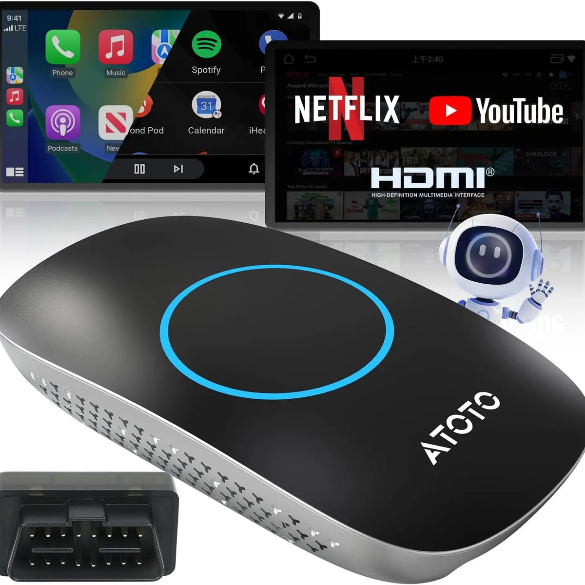 ATOTO CarWave CB4DT Wireless CarPlay Adapter AI Box with OBD2