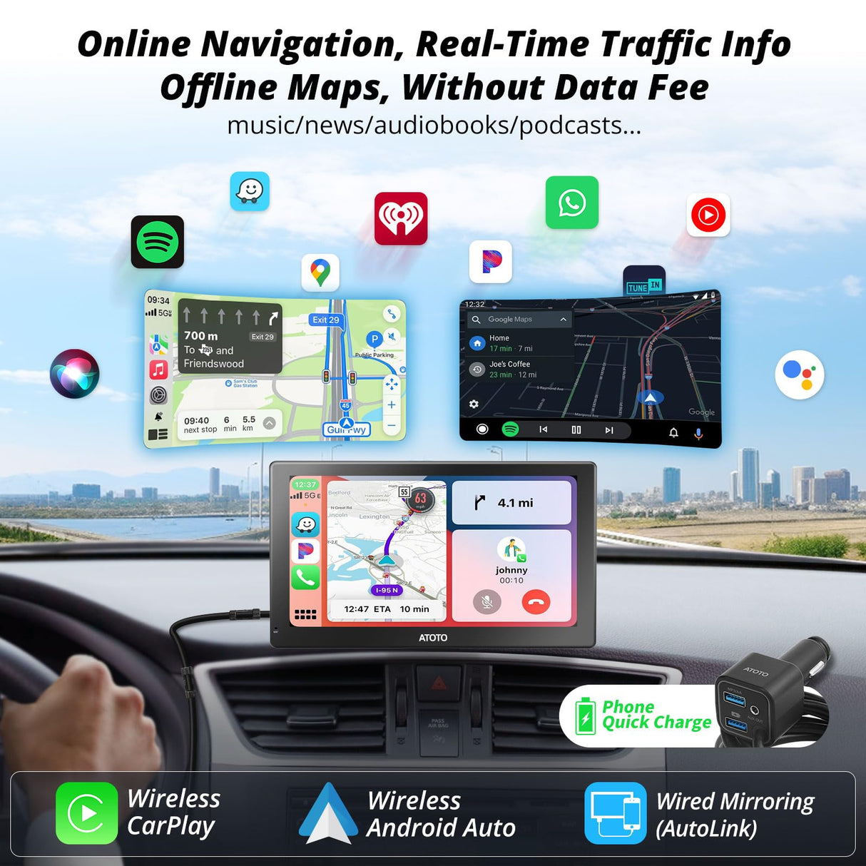 ATOTO P509SD 9" Portable Sat Nav with QLED Touchscreen, Wireless CarPlay & Android Auto, Bluetooth, 1080P Backup Camera, SWC, Auto-Dimming & GPS Navigation