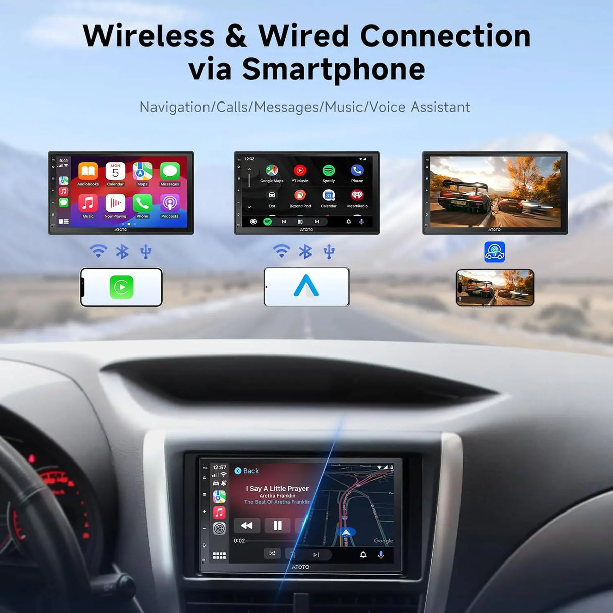 ATOTO A5LG2B7T 7" Double Din Car Stereo, HD Touchscreen, Wireless CarPlay & Android Auto, Bluetooth & WiFi, Built-in GPS Navigation, DSP Audio Technology, 2G+32G