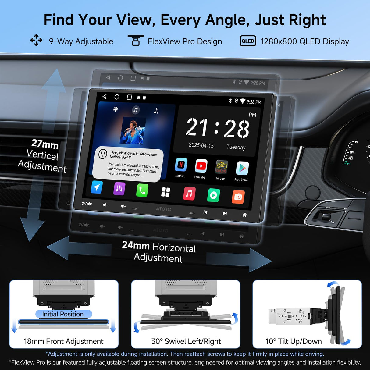 ATOTO A5LG110T 10" Single Din & Double Din Head Unit with Floating Display, Wireless CarPlay & Android Auto, WiFi/USB/Bluetooth Tethering, MirrorLink, DSP Audio, FM/RDS Radio