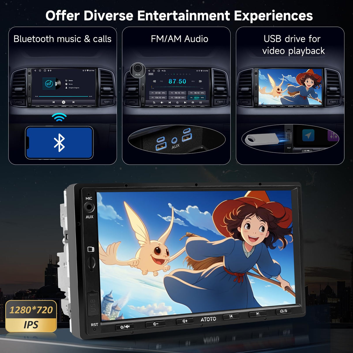 ATOTO A5LG2A7T 7" Double Din Car Stereo with Backup Camera, Android OS, IPS Touchscreen, Wireless CarPlay & Android Auto, WiFi/Bluetooth/USB Tethering, MirrorLink, 24-Band EQ DSP, 2G+32G, FM/RDS Radio