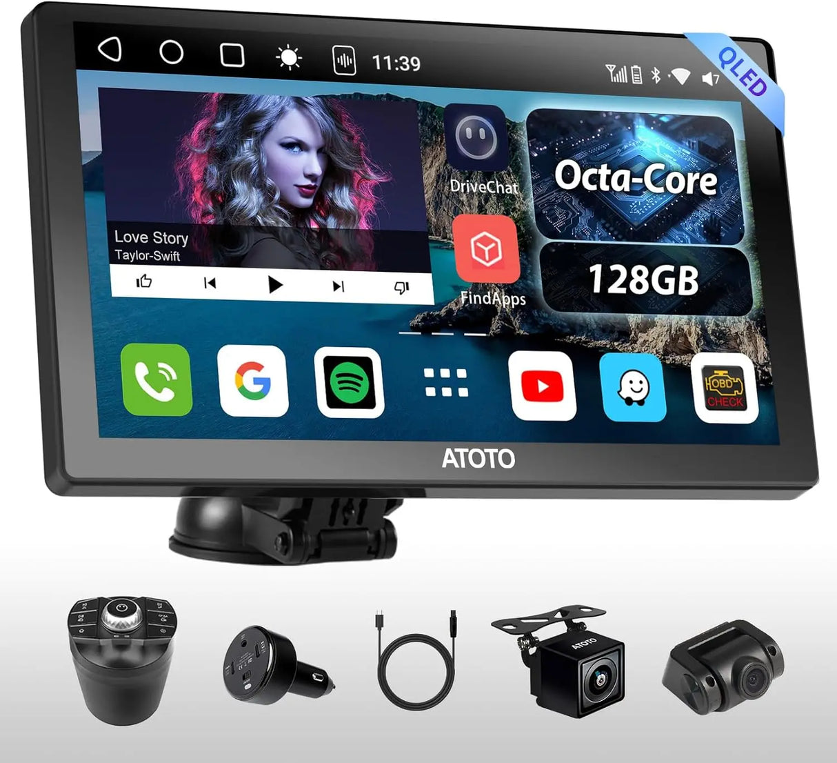 ATOTO Portable Car Stereo 9" Android 10 Octa-Core, Dual Camera, HD QLED Display, Wireless CarPlay/Android Auto, GPS Navigation, 4G/Wi-Fi/Bluetooth, DriveChat AI, TPMS/OBD II Support, 4GB+32GB