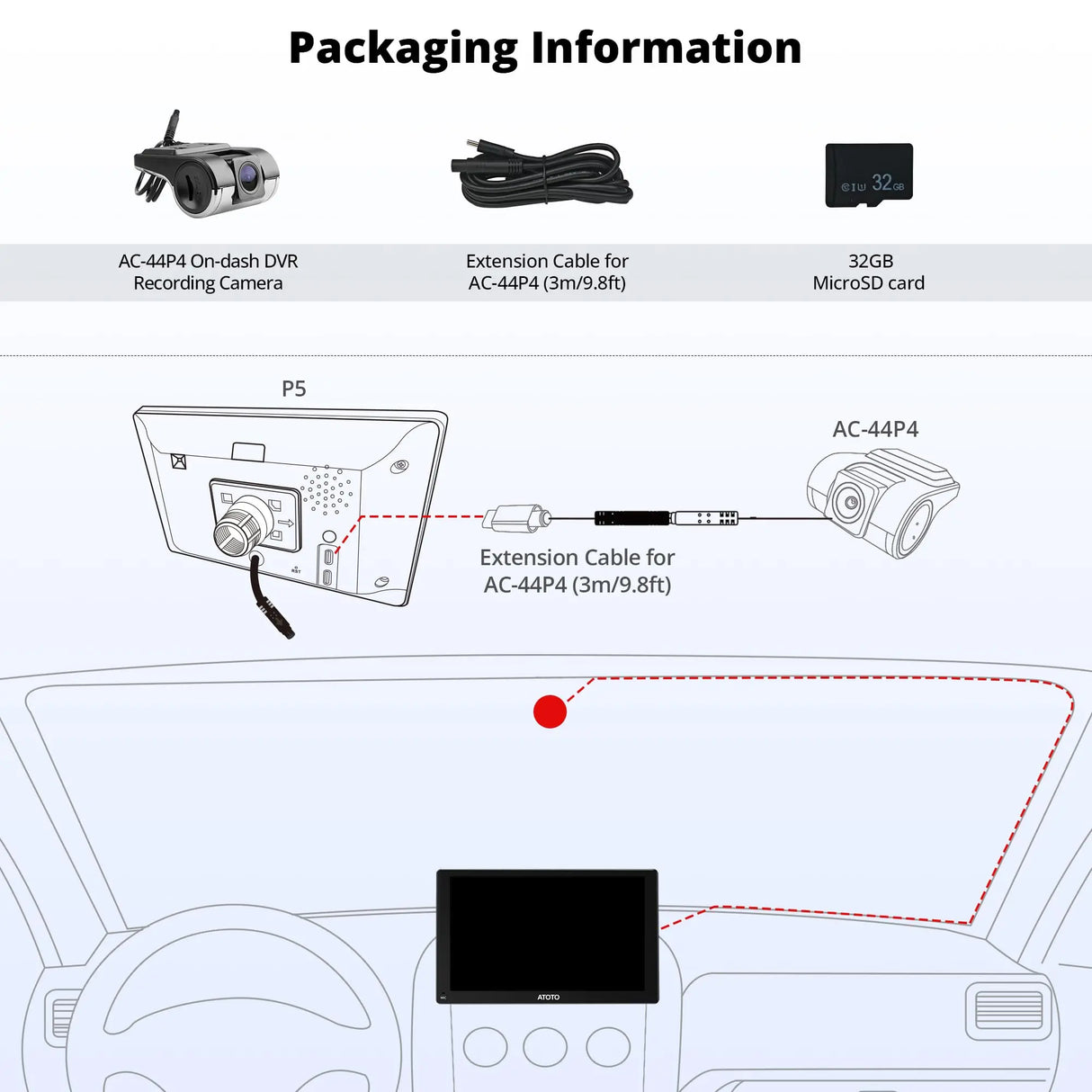 ATOTO AC-44P4 Dash Cam 720P - Caméra Voiture 140° HD, Stockage 128GB, Compatible ATOTO P5
