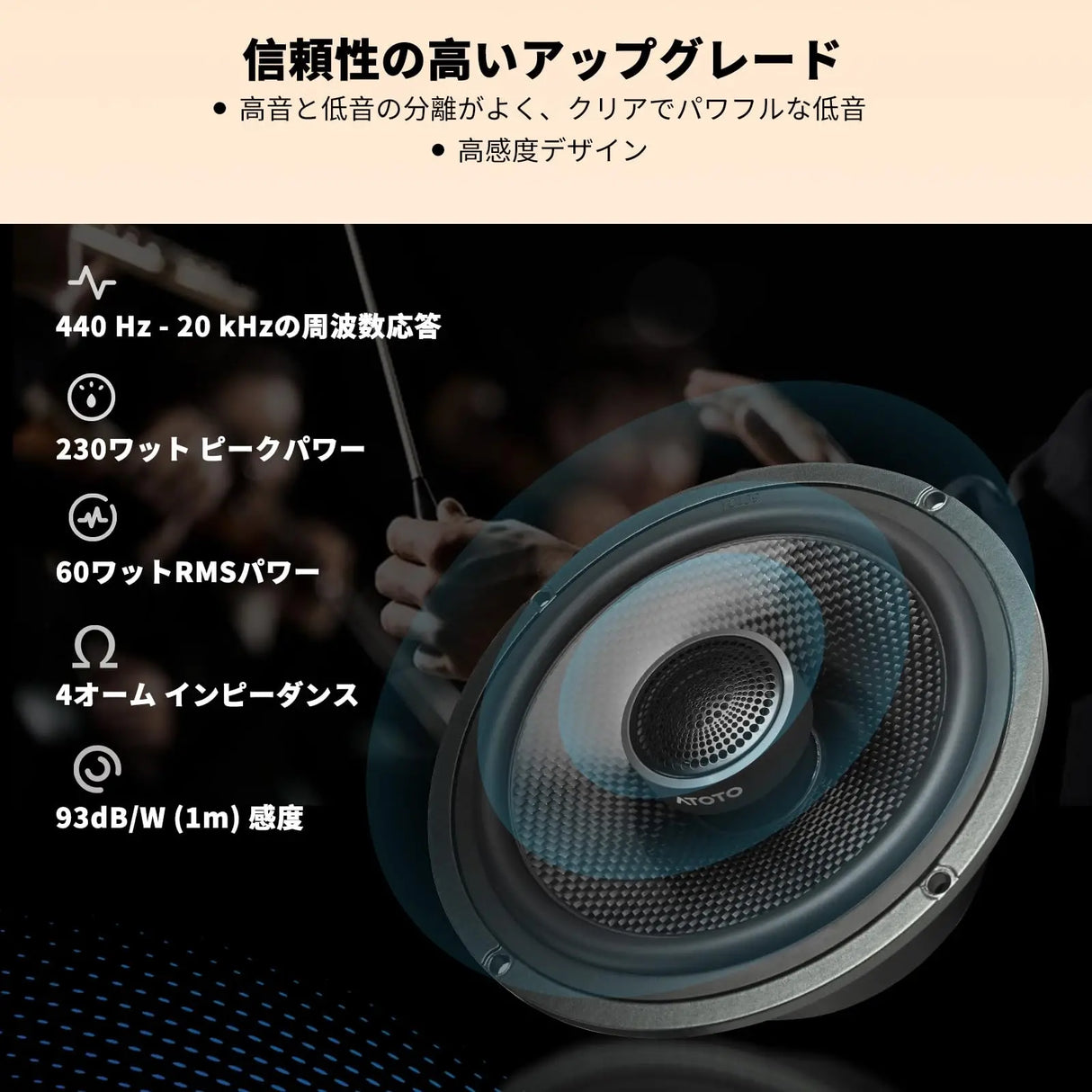 ATOTO CS-651DC 16.5cm 2コアキシャルカースピーカー、230Wピークパワー、60W定格電力、4Ω プレミアム品質カーステレオ音響システム、車載用コアキシャルスピーカー、2個セット