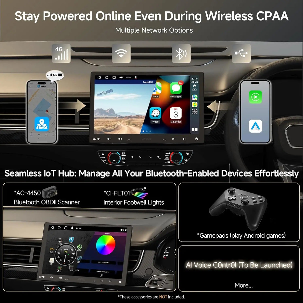 ATOTO 10" S8G1104MS Double-DIN & Single-DIN Adaptive Head Unit with Floating Screen, Android AI-Powered, 4G LTE, Wi-Fi/BT/USB, Wireless CarPlay & Android Auto, 4G+32G, DSP/SCVC/LRV