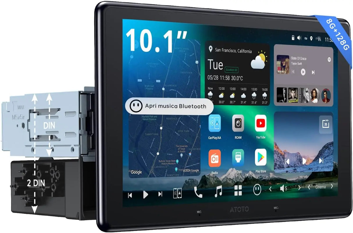 ATOTO X10G110E Autoradio 1 Din 10" QLED, Navigazione Integrata, CarPlay Wireless, Android Auto Wireless, Schermo Flottante, 8G+128G, 4G LTE, Doppio Telefono, Bluetooth