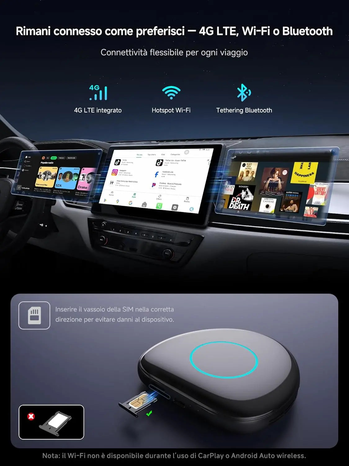 ATOTO CB6 Adattatore CarPlay Wireless – Boîtier CarPlay IA , 8GB+128GB Dispositivo Streaming per Auto con 4G, Wi-Fi, Doppio Bluetooth, USB, GPS Integrato, Assistente IA, Espansione microSD, OTA