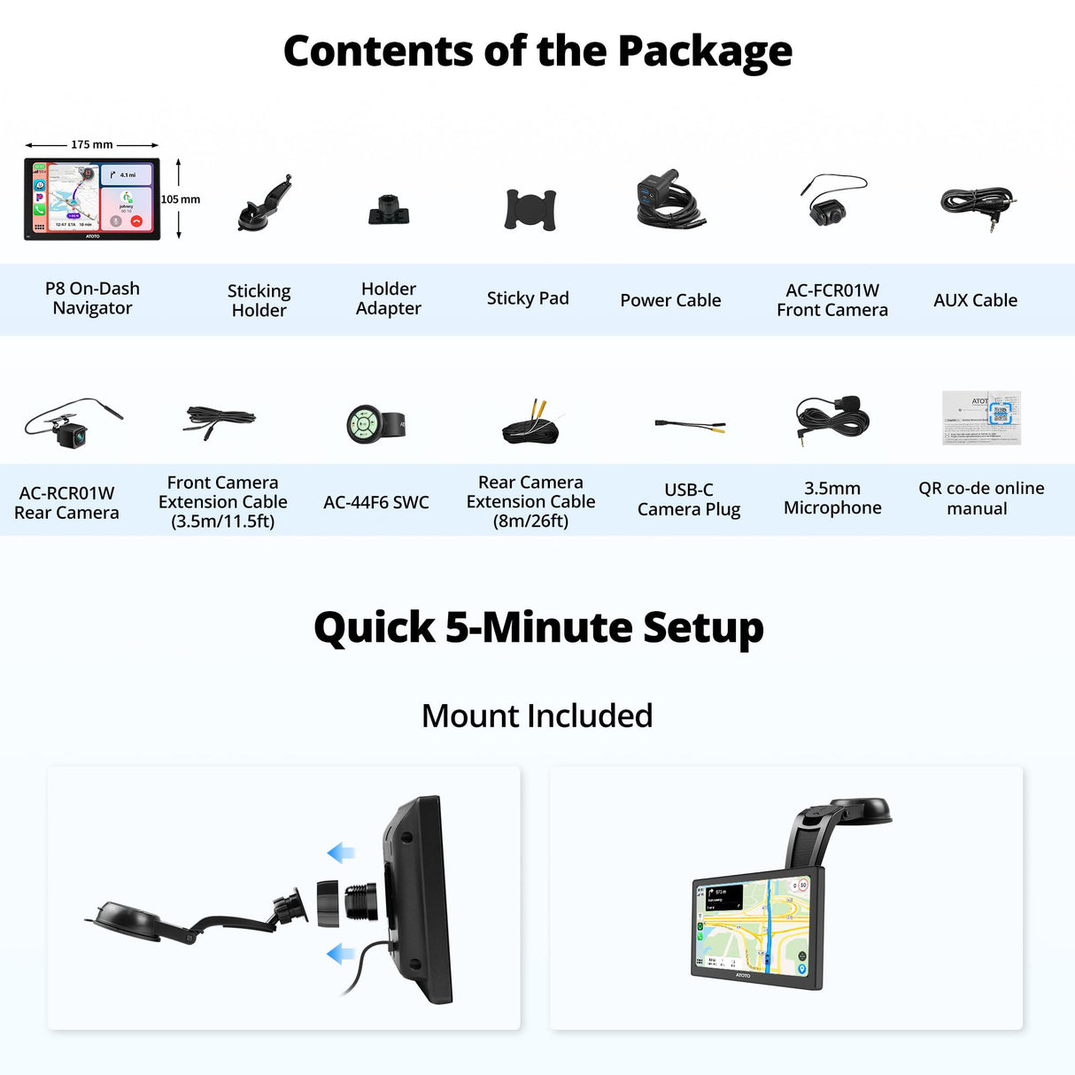 ATOTO P807PR 7" Portable Car Stereo with Dual Cameras, Wireless CarPlay & Android Auto, Bluetooth, Wi-Fi, GPS Tracking, MirrorLink, Multimedia Audio Player