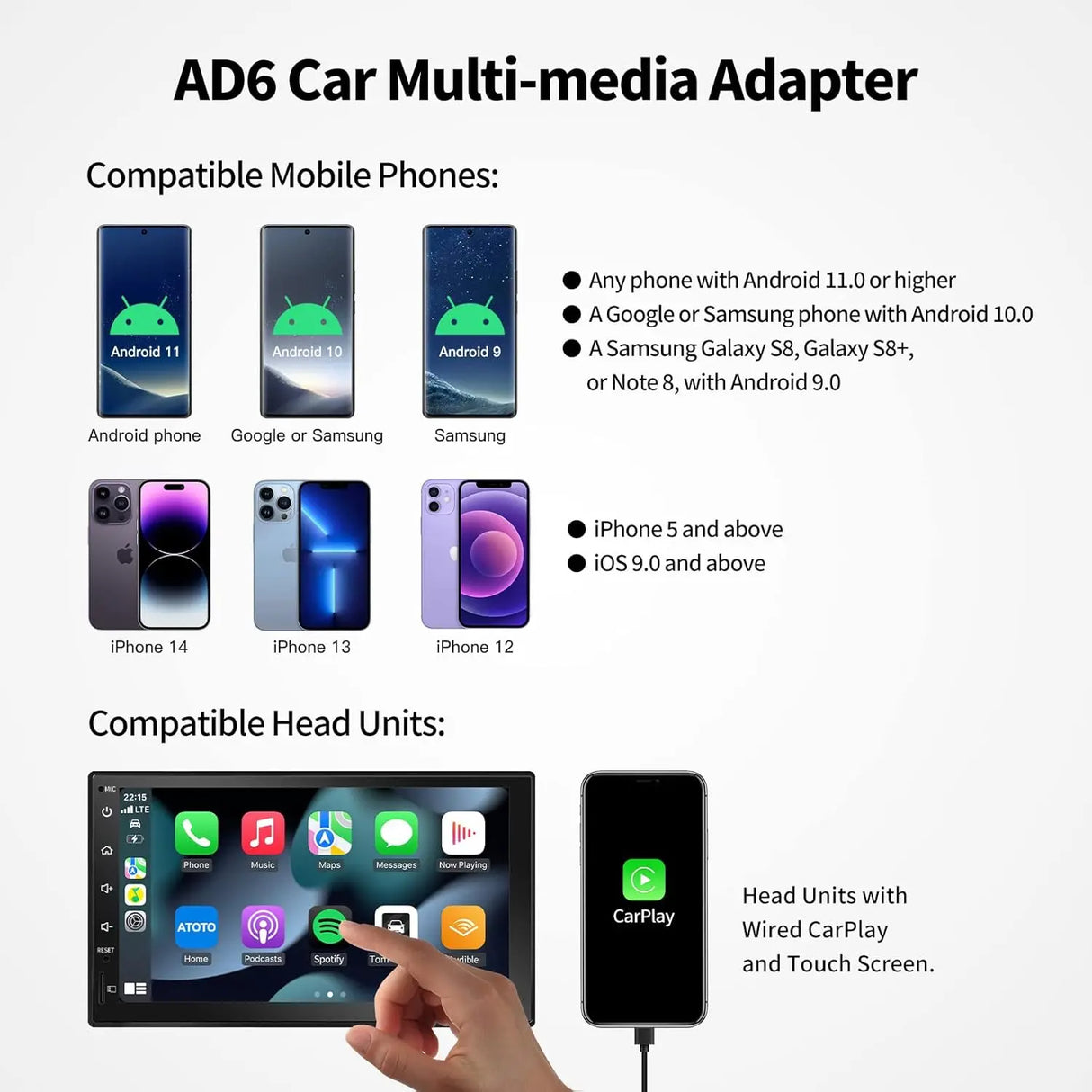 ATOTO AD6 Wireless Android Auto Adattatore, Converti cablato in Wireless Android Auto per radio di fabbrica o aftermarket, compatibile con Toyota/Nissan/Honda/Ford/Audi/Benz, aggiornamento online