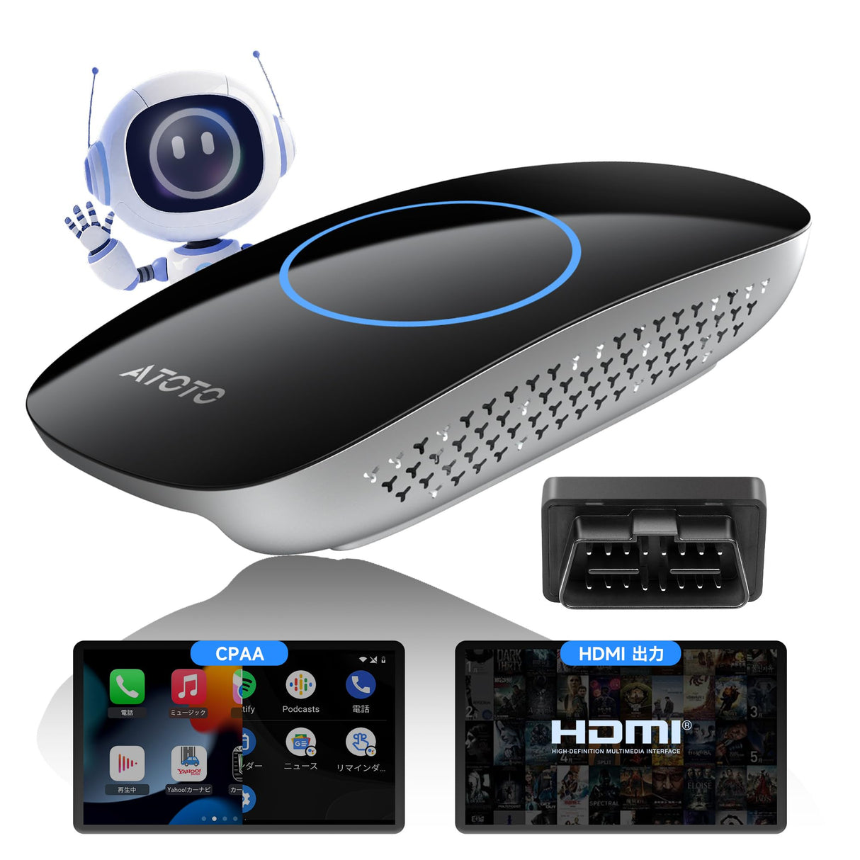 ATOTO CB4DT ワイヤレスCarPlayアダプター AIボックス OBD2スキャナー搭載 HDMI出力 車載ビデオストリーミング対応 ChatGPT内蔵 YouTube・Netflix対応 最大256GB プラグ&プレイ iPhone/Android Auto対応