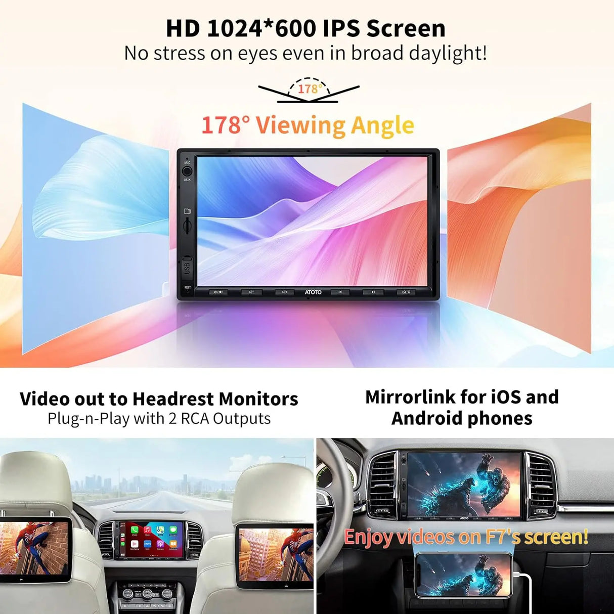 ATOTO F7WE 7inch Touchscreen Digital Media Receivers,Wireless Android Auto & CarPlay Connection,Double DIN Car Stereo, Bluetooth,HD Camera Input, Mirror Link, HD LRV, Support up to 512G SD, F7G2A7WE