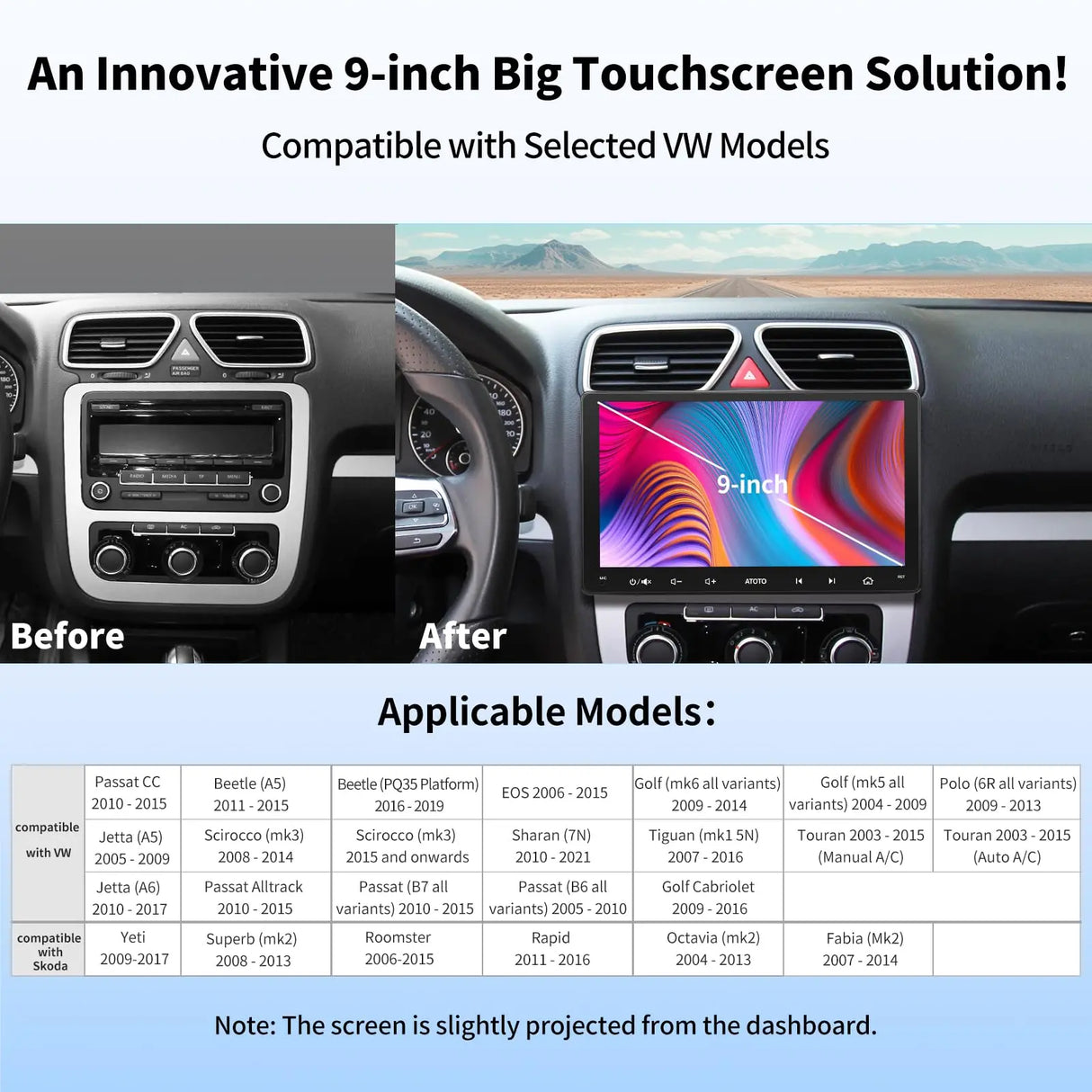 ATOTO A6VW09PF 9" Double Din Car Stereo, Android, Compatible with VW Volkswagen Jetta/Tiguan/Golf, Wireless CarPlay & Android Auto, Dual Bluetooth, GPS Tracking, HD LRV, 2G+32G