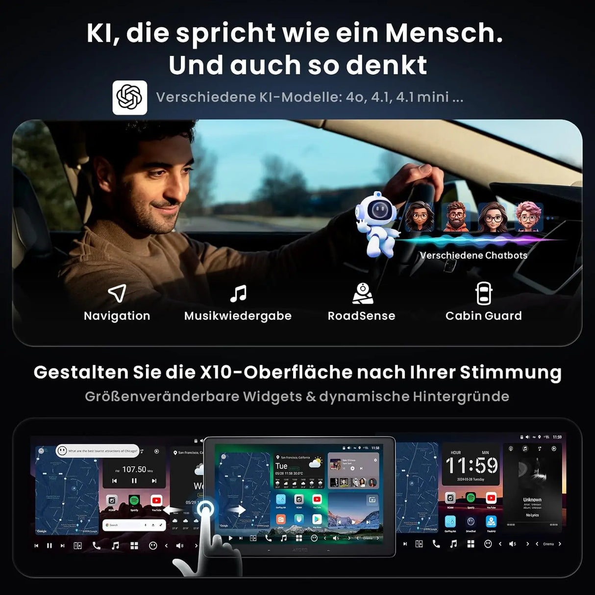 ATOTOZONE 10" QLED AI Android Autoradio 1 DIN, Floating Screen Auto, 8G+128G In-Dash Navigation, 4G LTE, Kabelloses CarPlay & Android Auto, Dual-Phone & 2 Bluetooth, SCVC, GPS-Tracking, X10G110E