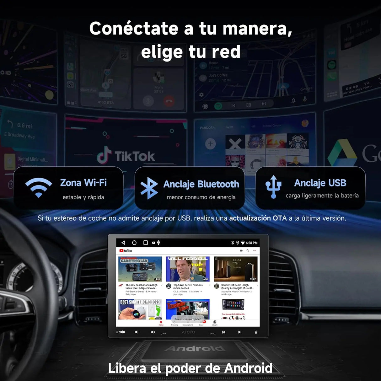 ATOTO A5LG110T Radio 1 DIN/2 DIN Android 10" con pantalla flotante, cámara trasera, CarPlay y Android Auto inalámbricos, tethering WiFi/BT/USB, MirrorLink, DSP, FM/RDS, 2G+32G
