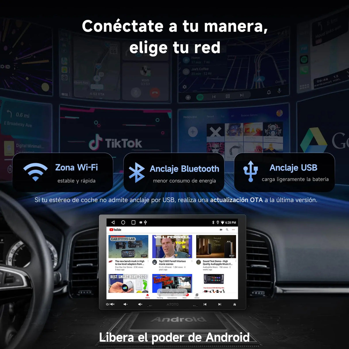 ATOTO A5LG110T Radio 1 DIN/2 DIN Android 10" con pantalla flotante, cámara trasera, CarPlay y Android Auto inalámbricos, tethering WiFi/BT/USB, MirrorLink, DSP, FM/RDS, 2G+32G