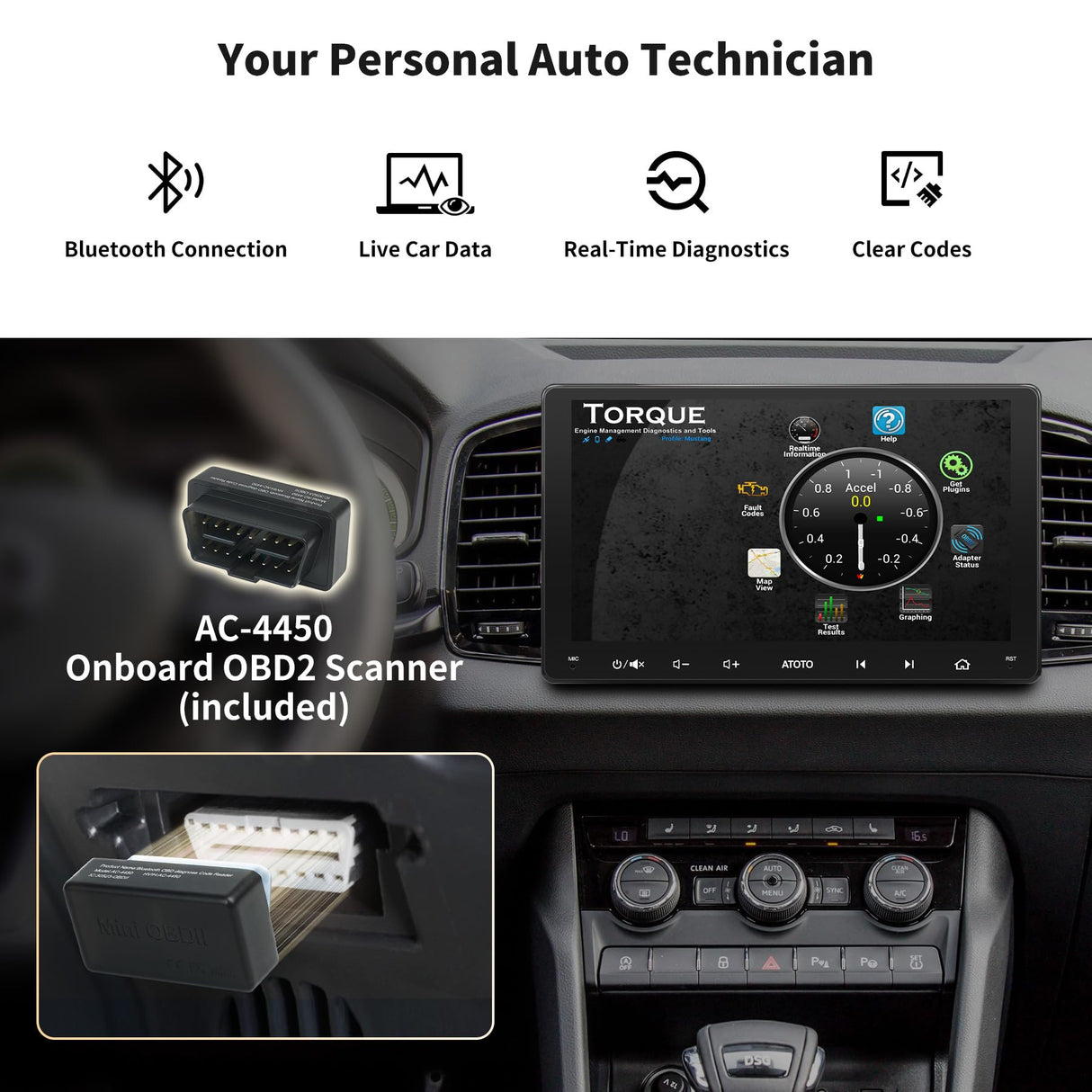 ATOTO S8G2094MS 9" 8-Core Android Double Din Radio with OBD2 Scanner, 4G LTE, Wireless CarPlay & Android Auto, WiFi/BT/USB Tethering, ChatGPT AI, 4G+32G, Dual Bluetooth