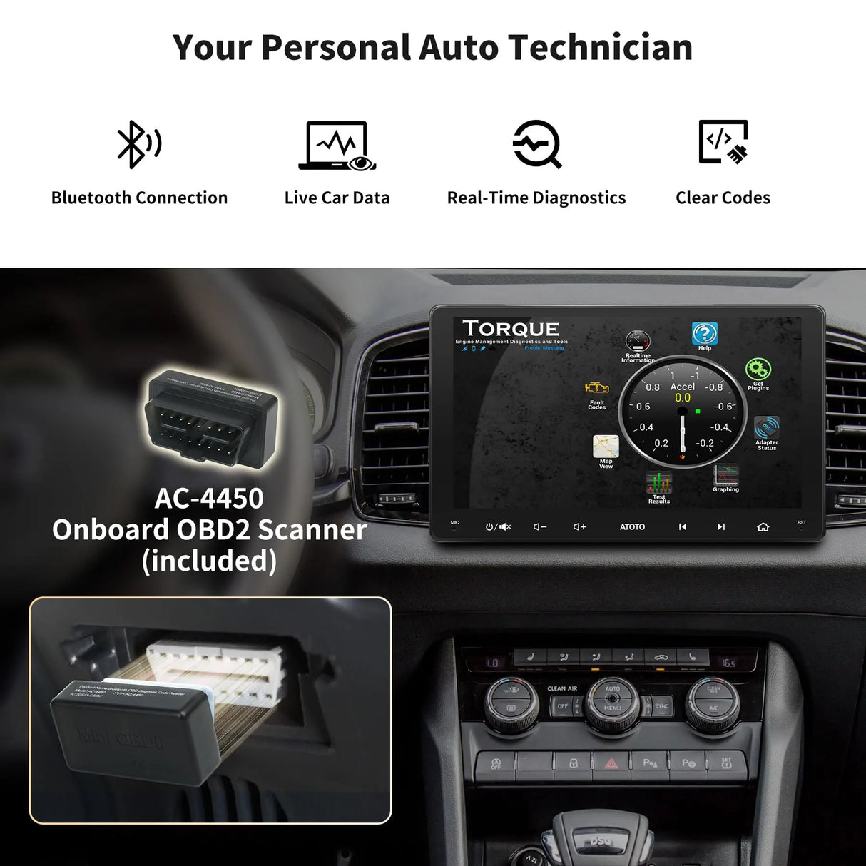 ATOTO S8G2094MS 9" 2 Din Android Radio Bluetooth Coche con Escáner OBD, CarPlay y Android Auto inalámbricos, Pantalla táctil QLED, 4G LTE integrado, 8 núcleos 4G+32G, Tethering WiFi/BT/USB