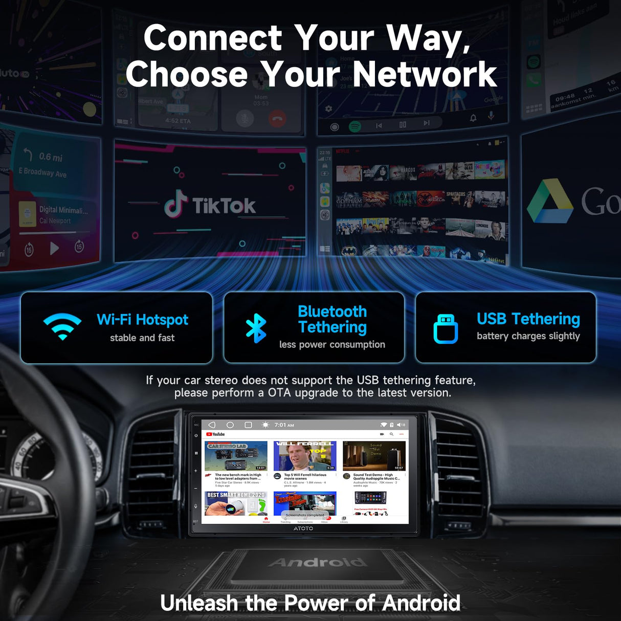 ATOTO A5LG2B7T 7" Double Din Car Stereo with Android OS, Wireless CarPlay & Android Auto, Touchscreen, GPS Navigation, WiFi/BT/USB Tethering, 2+32G, 24-Band EQ DSP, FM/AM Radio, Split-Screen Display