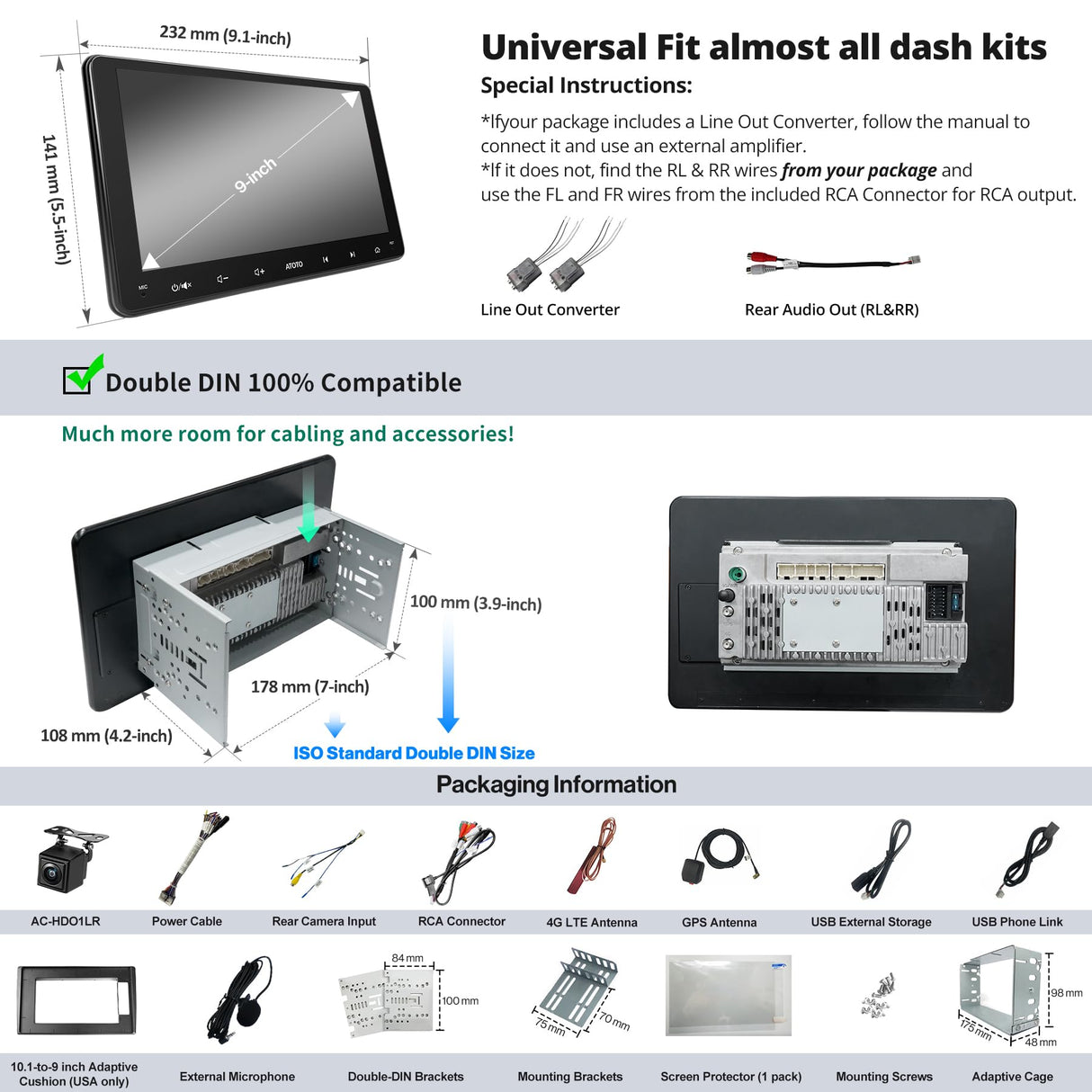 ATOTO S8G2094MS Double DIN Car Stereo 9" Android with HD Live Rearview Camera, Wireless CarPlay & Android Auto, Dual Bluetooth, Wi-Fi/BT/USB Tethering, DSP, SCVC, GPS Tracking, DriveChat AI, 8-Core, 4G LTE, 4G+32G