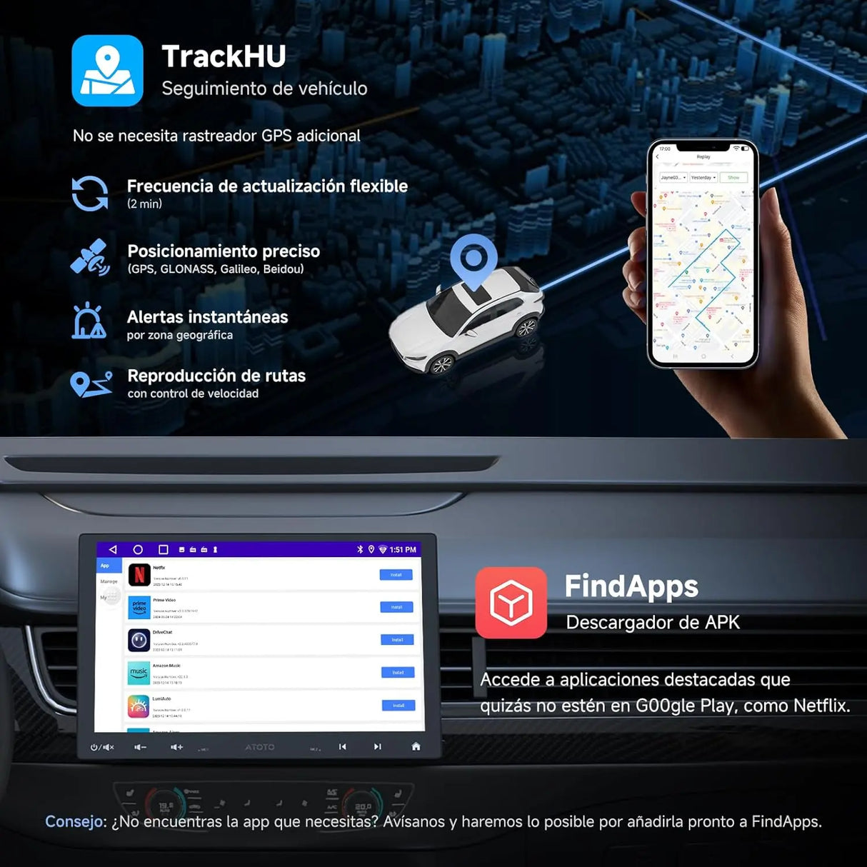 ATOTO A5LG110T Radio 1 DIN/2 DIN Android 10" con pantalla flotante, cámara trasera, CarPlay y Android Auto inalámbricos, tethering WiFi/BT/USB, MirrorLink, DSP, FM/RDS, 2G+32G