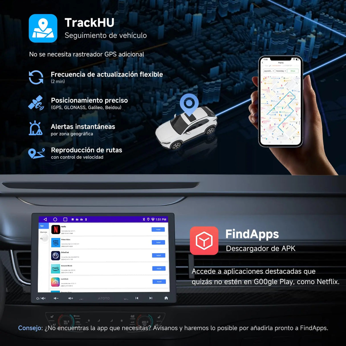 ATOTO A5LG110T Radio 1 DIN/2 DIN Android 10" con pantalla flotante, cámara trasera, CarPlay y Android Auto inalámbricos, tethering WiFi/BT/USB, MirrorLink, DSP, FM/RDS, 2G+32G