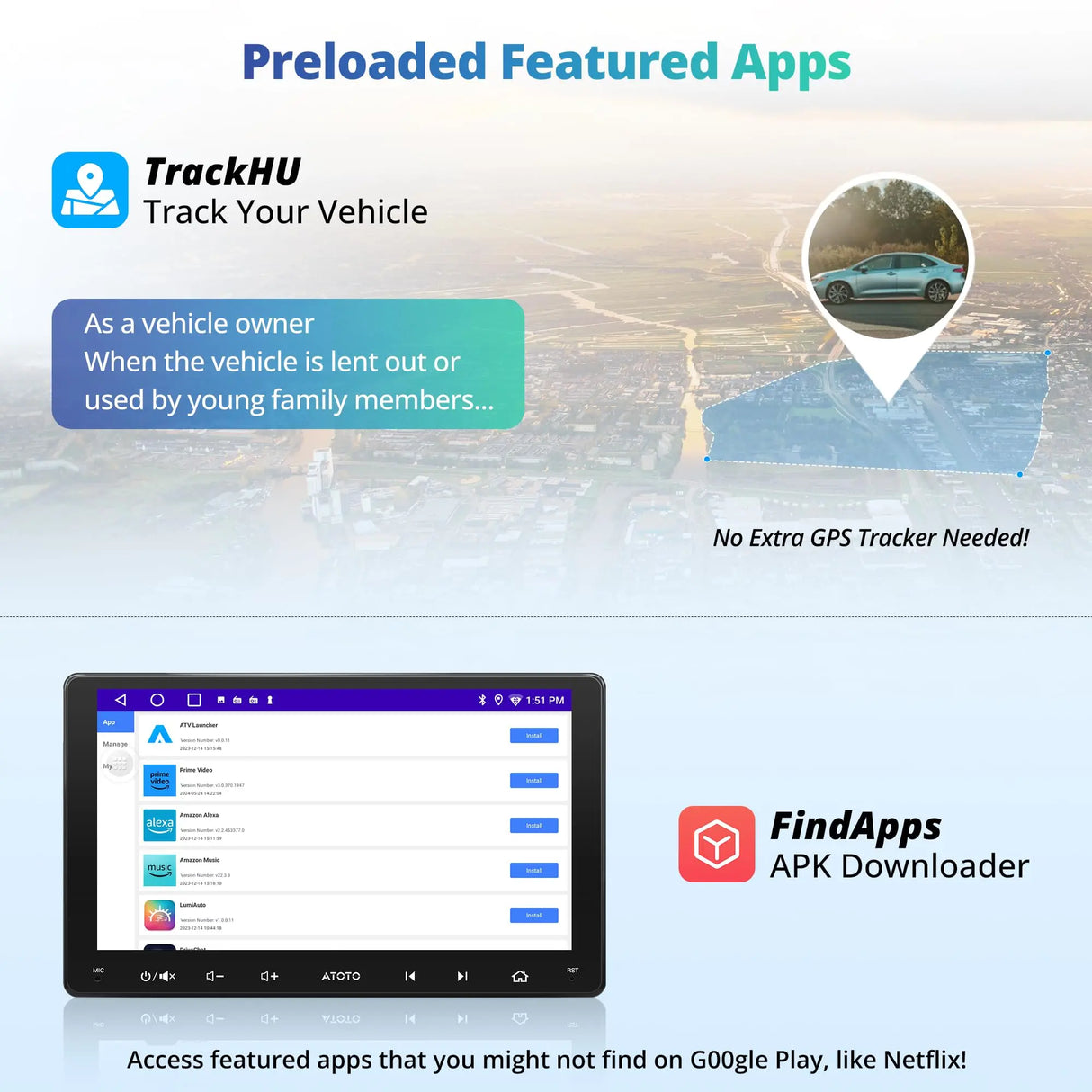ATOTO A5LG209T 9" Double DIN Android Car Stereo – Wireless CarPlay & Android Auto, Wi-Fi/Bluetooth/USB, GPS Tracking, 24-Band EQ & DSP, MirrorLink, 2G+32G