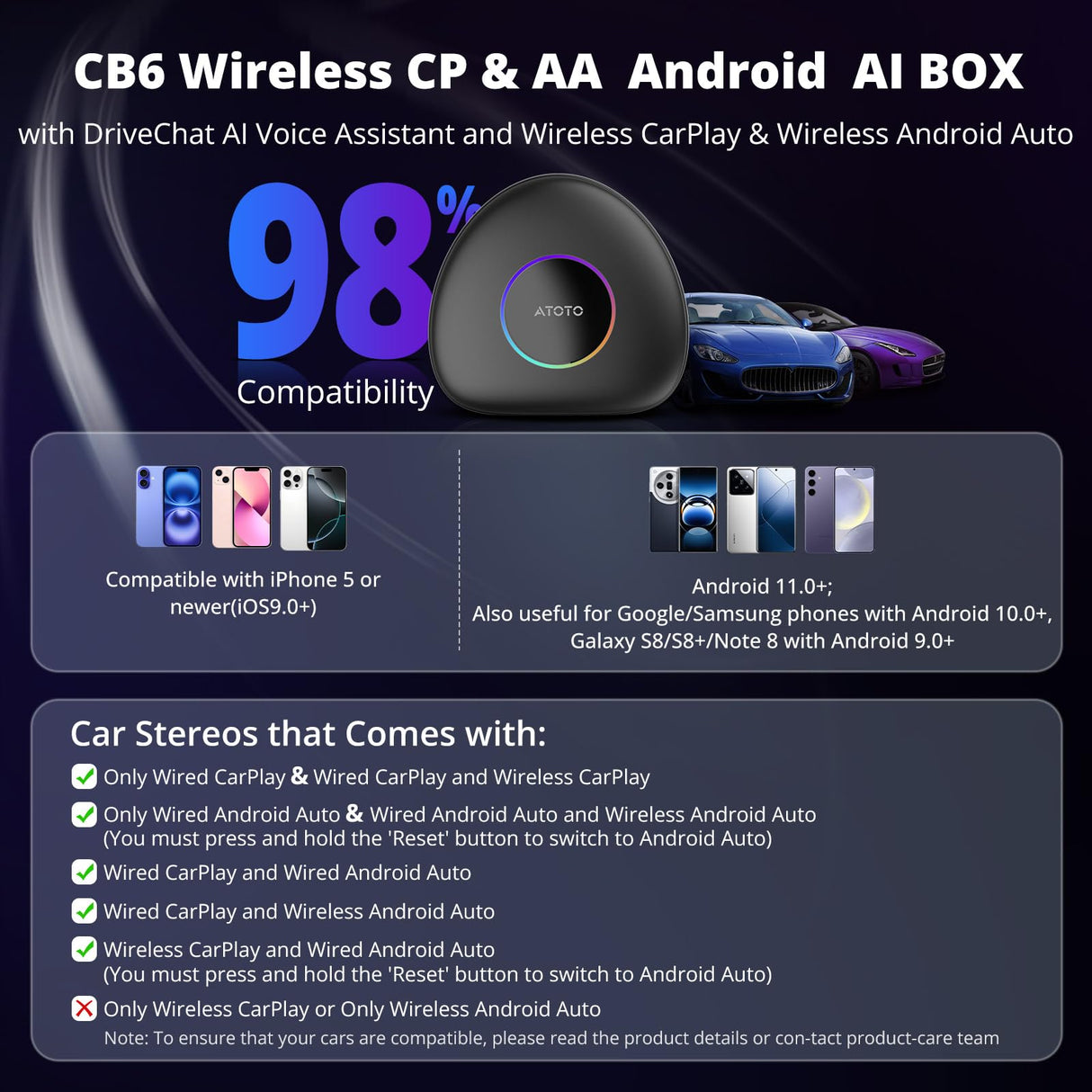 ATOTO CB6C ワイヤレスコントローラー、2025年Android 13アップグレード、CarPlay AIボックス、Android Autoアダプター、GPSトラッキング、AI DriveChat、4G LTE、2 BT、4G+64G、プラグ&プレイ、ディープブラック