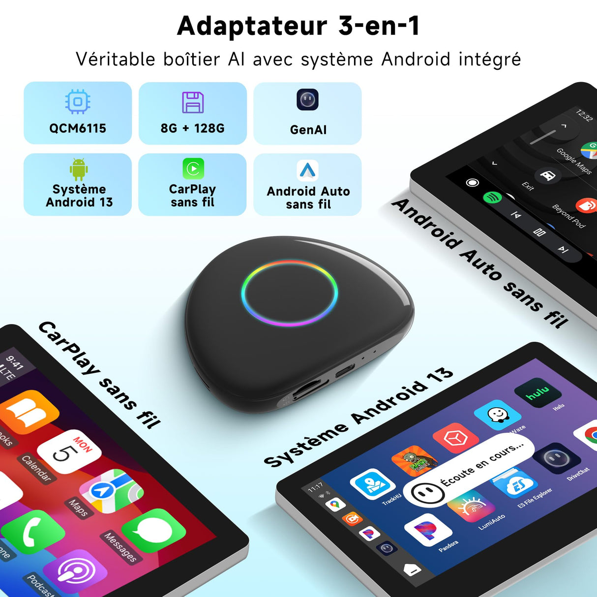 ATOTO CB6 Adaptateur CarPlay Sans Fil – Boîtier CarPlay IA, 8 Go+128 Go Boîtier Streaming pour Voiture avec 4G, Double Bluetooth, USB, GPS Intégré, Assistant IA, Extension microSD, OTA