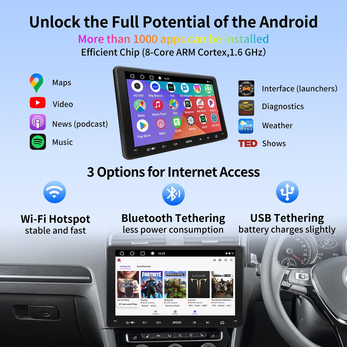 ATOTO A6VW09PF 9" Double Din Car Stereo, Android, Compatible with VW Volkswagen Jetta/Tiguan/Golf, Wireless CarPlay & Android Auto, Dual Bluetooth, GPS Tracking, HD LRV, 2G+32G