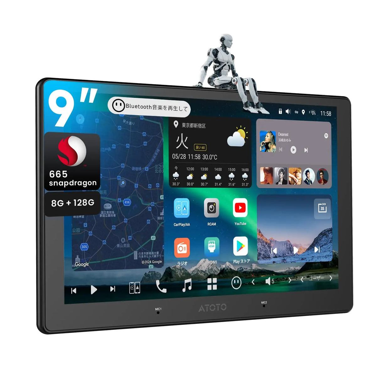 ATOTO X10G209E 9インチ 2Din ディスプレイオーディオ デュアルカメラ&マイク入力、QLED ディスプレイ、8+128G、Androidナビ、ワイヤレスCarPlay&Android Auto、4G LTE対応、AIボイスアシスタント、GPSトラッキング、デュアルBluetooth、LRV、SVC、36バンドEQ、HDMI入力、スプリットスクリーン