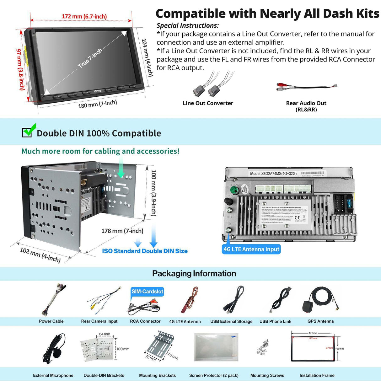 ATOTO S8G2A74MS 7” QLED Double Din with Backup Camera – 8-Core Wireless CarPlay & Android Auto, Built-in 4G LTE, Wi-Fi/BT/USB Tethering, DSP, SCVC, AI Chat, 4GB+32GB