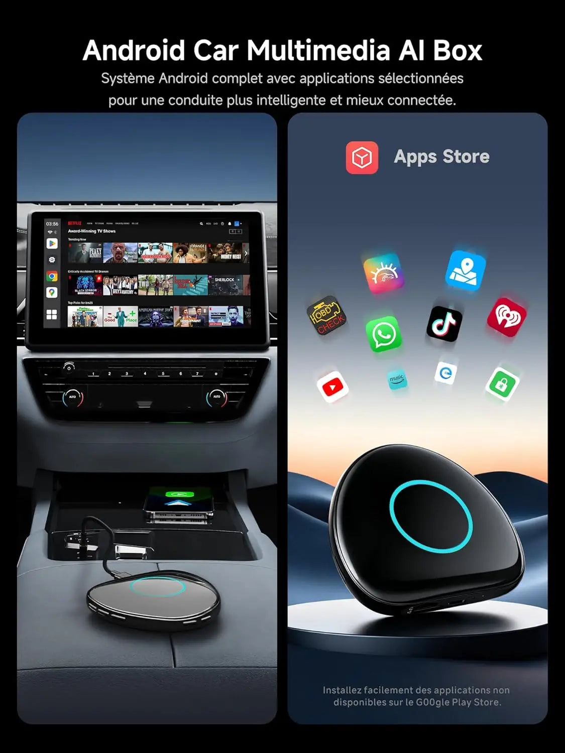 ATOTO CB6C Adaptateur CarPlay sans fil Android 13, Boîtier AI Plug & Play avec GPS, IA DriveChat, 4G LTE, 4GB+64GB, Noir