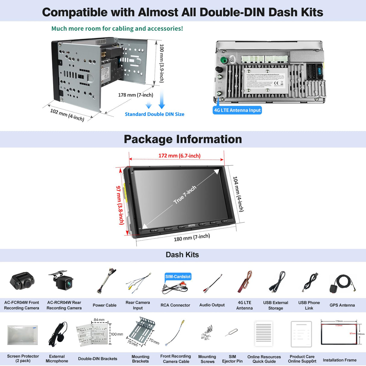 ATOTO S8G2A79UN 7" QLED Double Din Car Stereo with 1080P Front & Backup Camera Input, 6+128G, Wireless CarPlay & Android Auto, Built-in 4G LTE/Wi-Fi/Dual Bluetooth, DSP, AMP, SUB, GPS