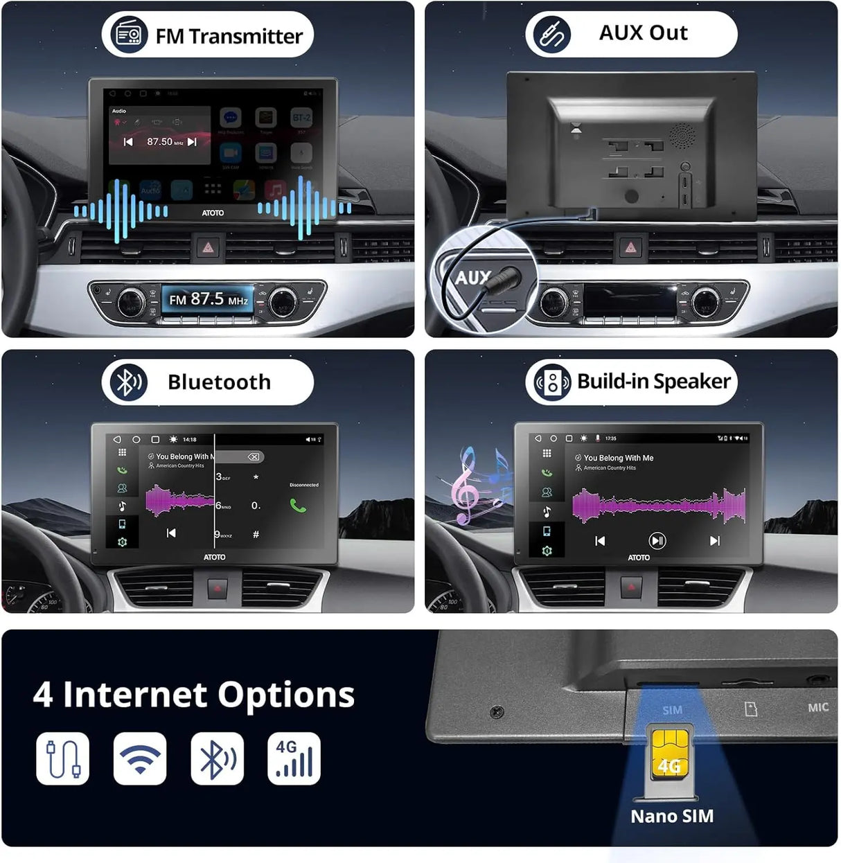 ATOTO Portable Car Stereo 9" Android 10 Octa-Core, Dual Camera, HD QLED Display, Wireless CarPlay/Android Auto, GPS Navigation, 4G/Wi-Fi/Bluetooth, DriveChat AI, TPMS/OBD II Support, 4GB+32GB