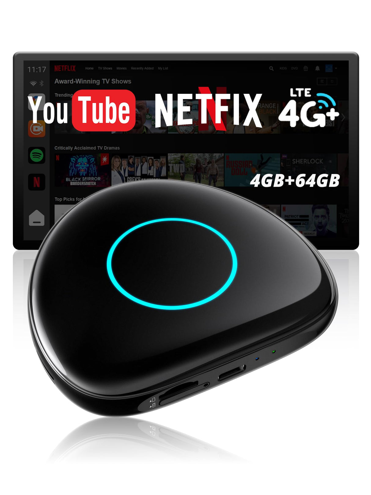 ATOTO CB6C CarPlay AI Box Adapter, Android Multimedia Magic Box with Built-in 4G LTE SIM Slot, Wireless CarPlay & Android Auto, Watch YouTube/Netflix/Disney+, 4GB+64GB, 8-Core, DriveChat AI, TF Card Support - Converts Wired to Wireless