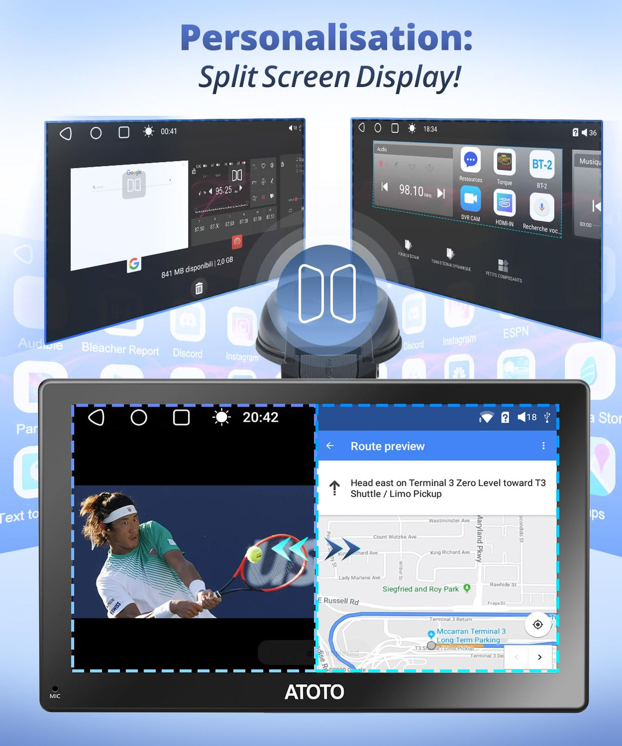 ATOTO 9" Portable Car Stereo with Front Dashcam, Wireless CarPlay & Android Auto, QLED Touchscreen, GPS Navigation, 4G LTE, Wi-Fi, ChatGPT, 4+32G