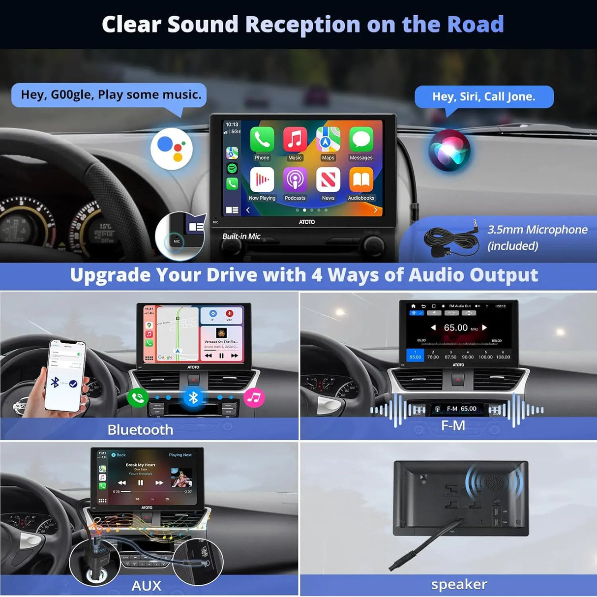 ATOTO P507SD 7" Portable CarPlay Screen with 1080P Backup Camera & Remote Control – Wireless CarPlay & Android Auto Touchscreen, Dash GPS Navigation, QLED Glare-Suppressing Display, MirrorLink