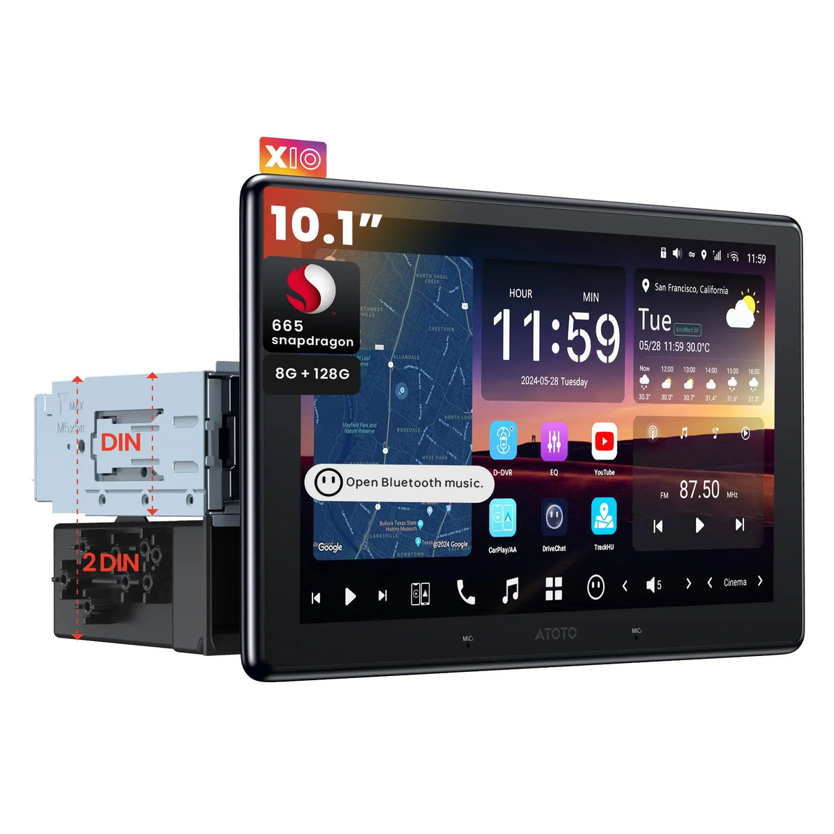 ATOTO X10G110E 10" Single Din Head Unit, QLED Floating Screen, 8GB+128GB, Wireless CarPlay and Android Auto, 4G LTE, In-Dash Navigation, Dual Phone Connection, 2 Bluetooth, 36B-EQ