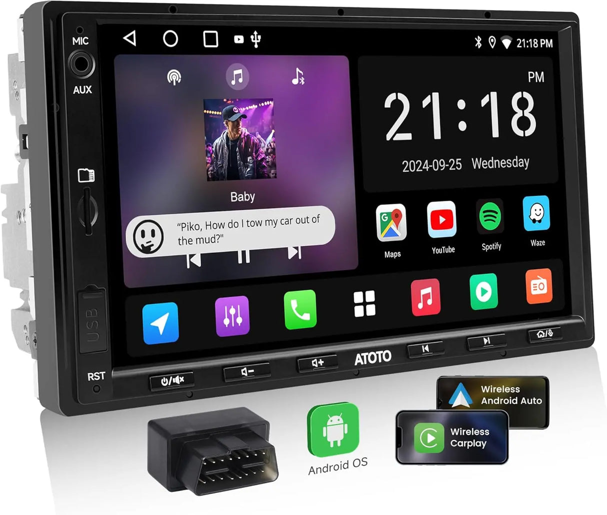 ATOTO A5LG2A7T-S04 Autoradio Android 2 DIN 7 Pulgadas con CarPlay Inalámbrico y Android Auto Inalámbrico, OBD2, EQ 24 Bandas, 2GB+32GB, WiFi/BT Tethering, FM/USB/TF