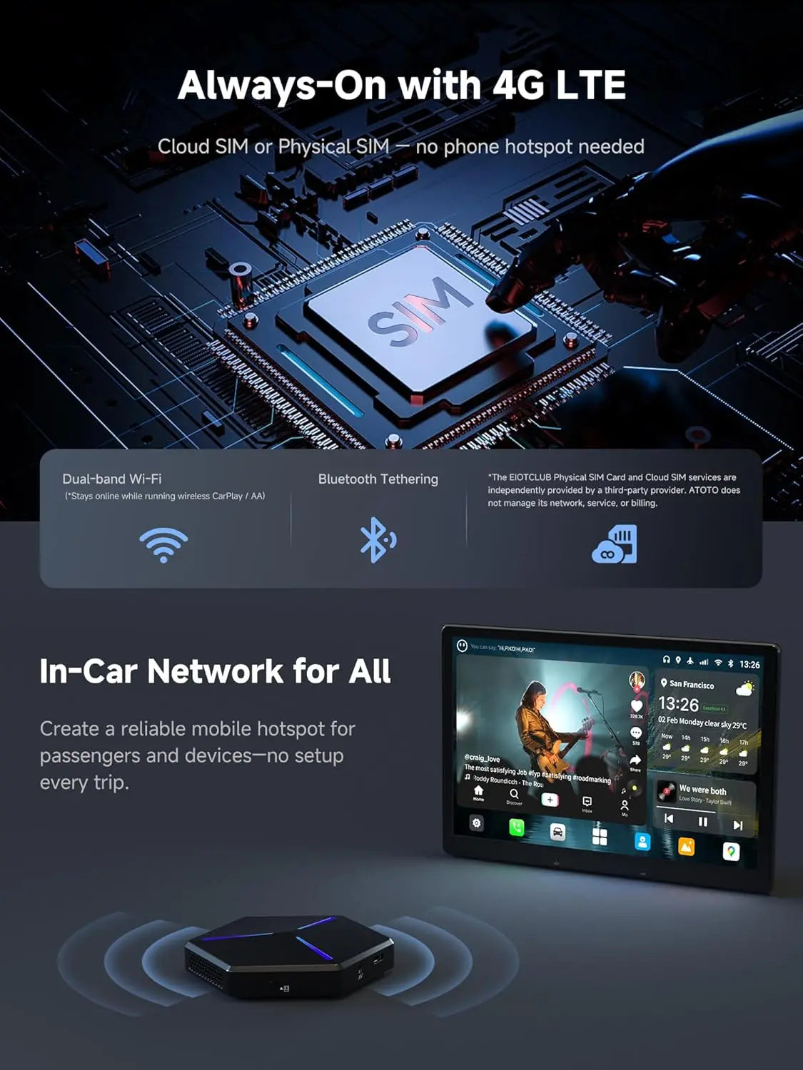 ATOTO CB7PQ CarPlay AI Box with Dash Cam & OBD2 Scanner, Full Android System, Wireless CarPlay & Android Auto, DriveChat AI, GPS Tracking, HDMI, OTA, 4GB+64GB