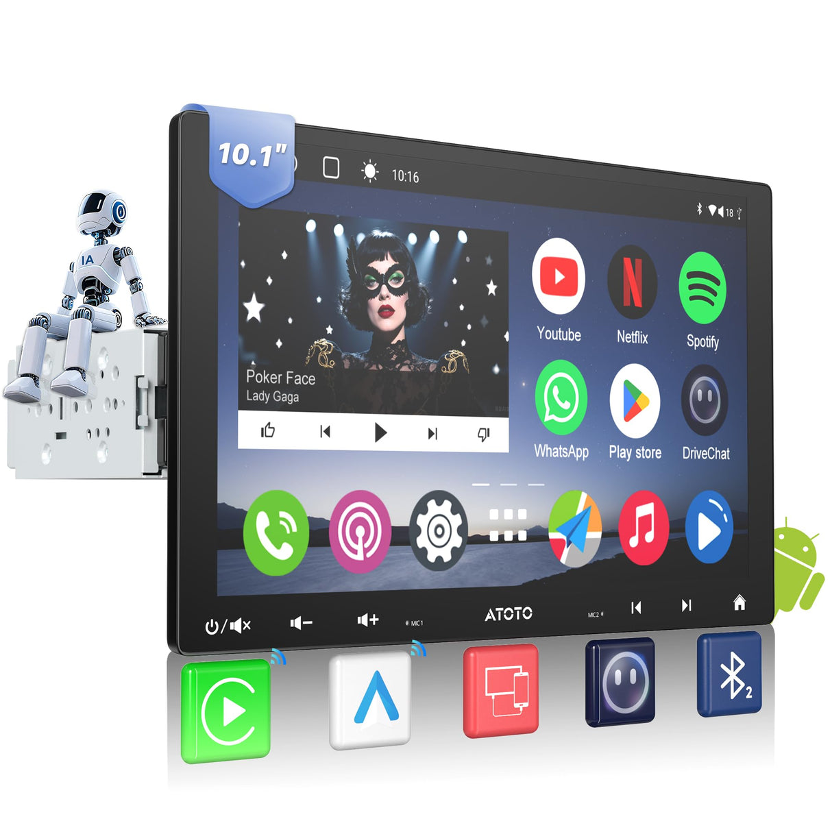 ATOTO A6G110PF 10.1" 8-Core Single & Double Din Apple Carplay Head Unit Wireless CarPlay, Android Auto GPS Tracker ChatGPT QLED Touchscreen