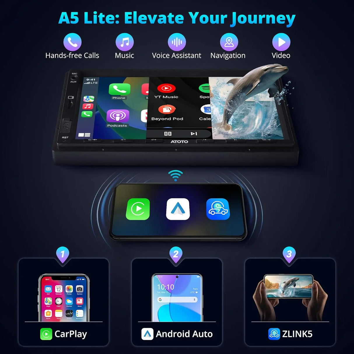 ATOTO A5LG2A7T Autoradio 2 DIN 7 Pouces avec Caméra Frontale DVR 1080P, Android, Wireless CarPlay & Android Auto sans fil, 2+32G, Égaliseur 24 bandes, Tethering WiFi/BT, FM/AM