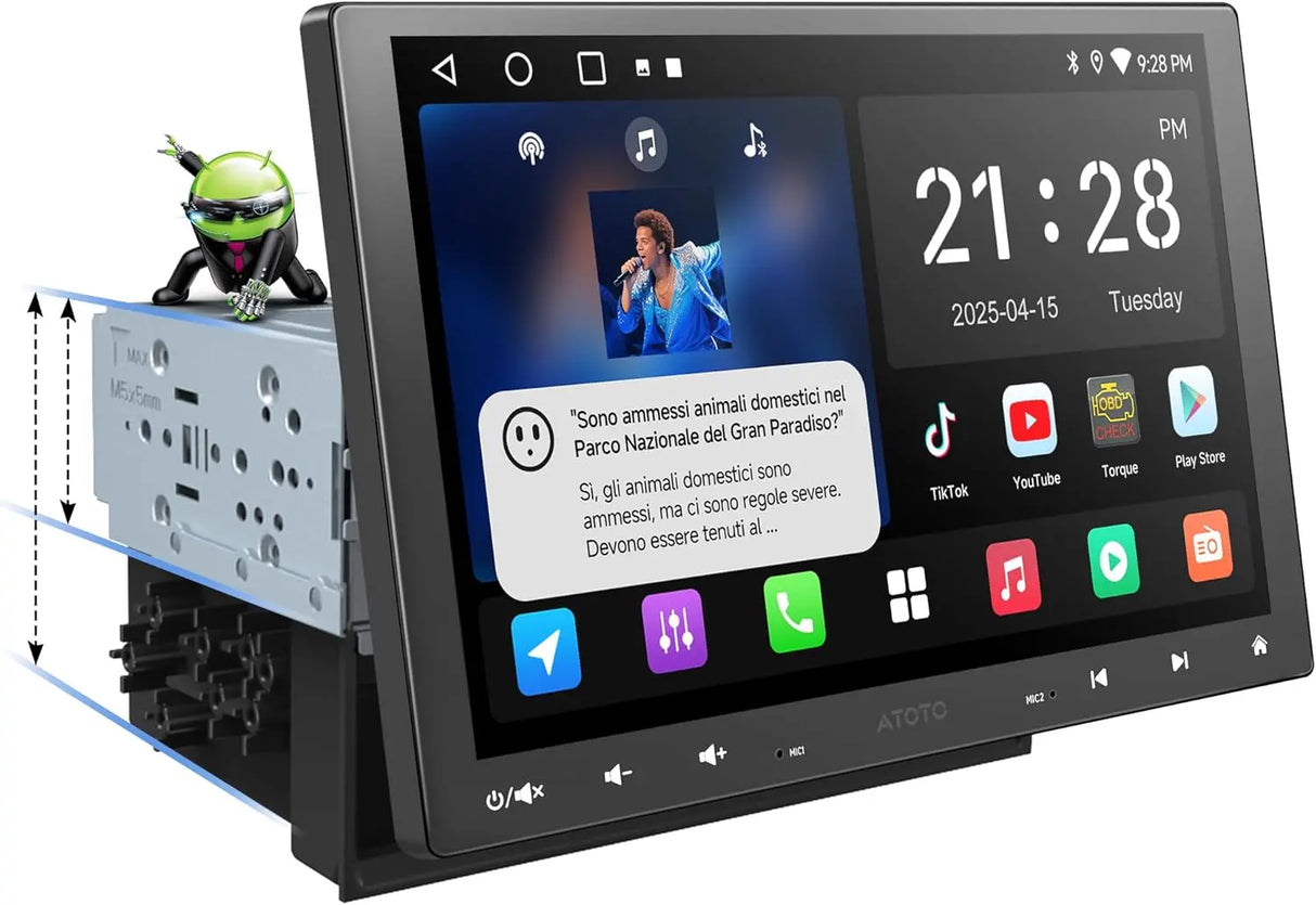 ATOTO A5LG110T 10" 2DIN e Adattivo a 1DIN Android Autoradio, IPS Schermo a Display Fluttuante, CarPlay e Android Auto Senza Fili, Tethering WiFi/BT/USB, Mirrorlink, DSP/FM/RDS